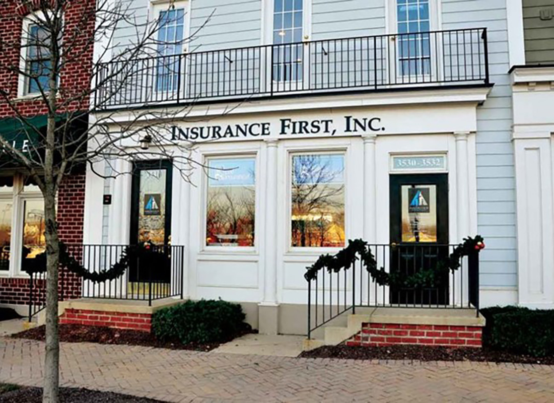 About Our Agency - Front Entrance of the First Insurance Inc Office Decorated for the Holidays in Urbana Maryland